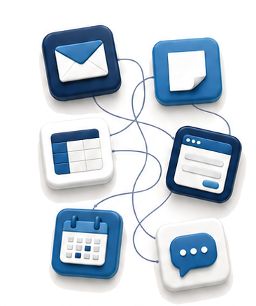 A scattered, disconnected tangle of email, a sticky-note reminder, a spreadsheet, a form, a calendar, and a message bubble.